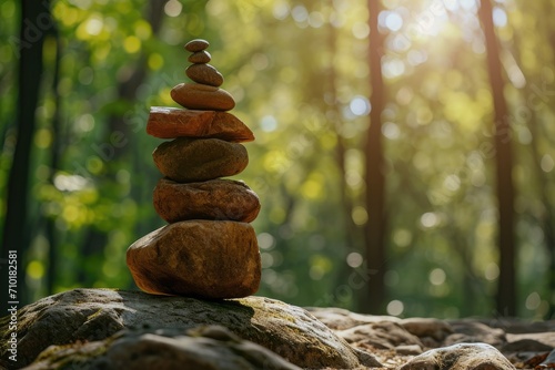 Stacked balance of stones in the forest
