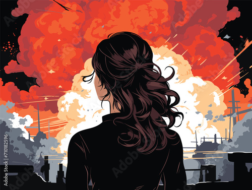 Back view of a woman looking at a dramatic explosion in an industrial area. Hair silhouette against fiery orange and red clouds, disaster scene vector illustration.