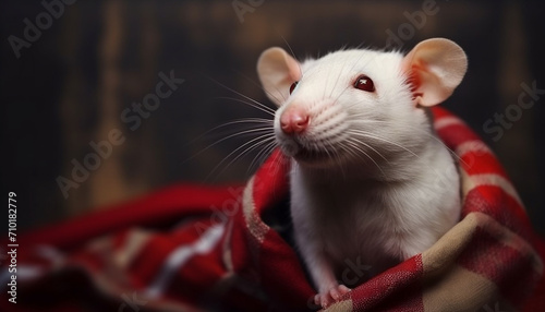 Cute fluffy rat, with whiskers, looking at camera indoors generated by AI