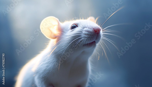 Cute fluffy rat, with whiskers, looking up in laboratory generated by AI