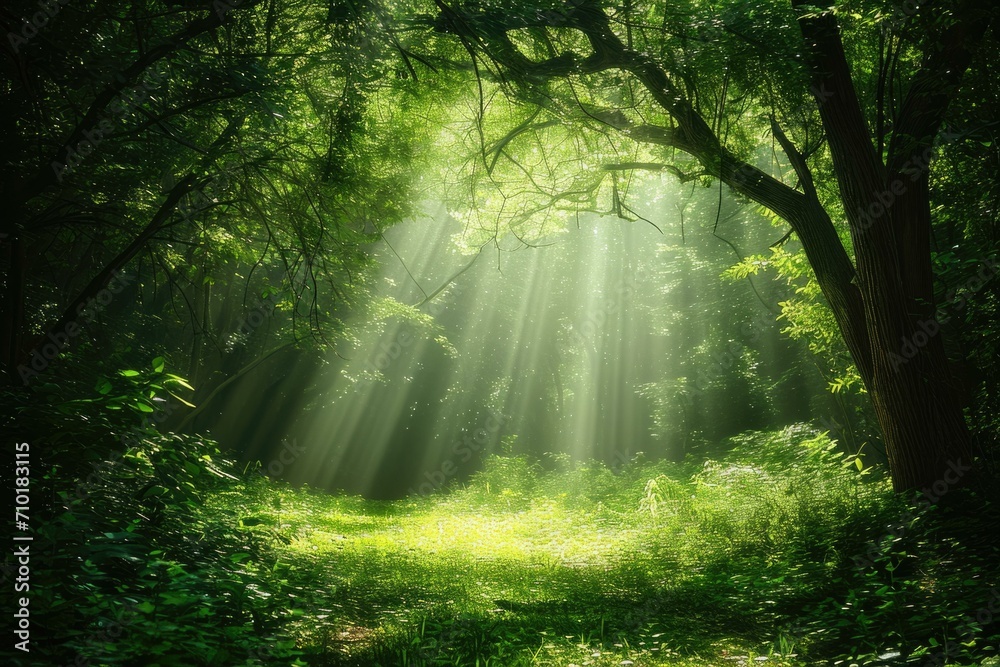 Fototapeta premium Enchanted Forest Pathway with Sunbeams, Nature Background