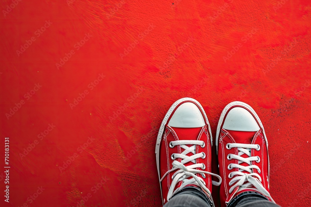Red sneakers on a red background