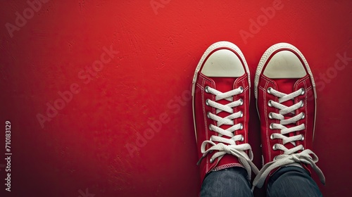 Red sneakers on a red background