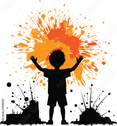 Child silhouetted with arms raised against splash of paint. Silhouette of a joyful kid with vibrant background. Playful child, creativity and fun concept vector illustration.