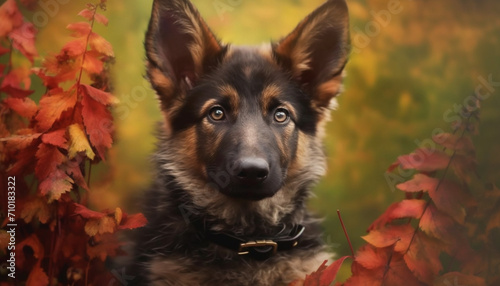 Wallpaper Mural Cute puppy sitting in autumn grass, looking at camera generated by AI Torontodigital.ca