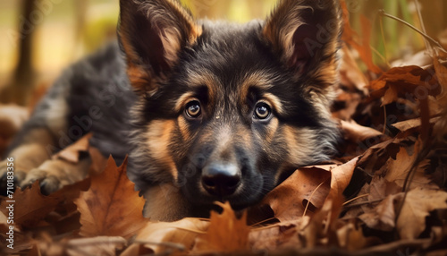 Cute puppy sitting in grass, looking at camera outdoors generated by AI photo