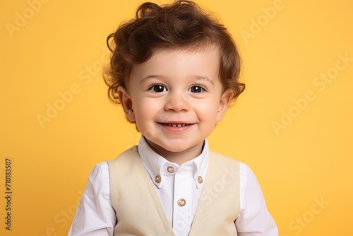 Portrait of a cute little boy on a yellow background looking at the camera