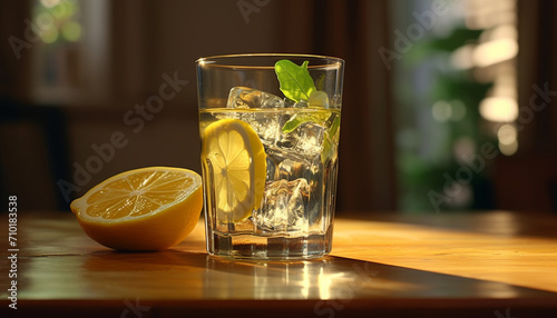 Fresh lemonade on a wooden table, quenching summer thirst generated by AI photo