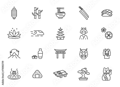 Japan vector line icon set. Japanese culture sushi food samurai ninja design icons.