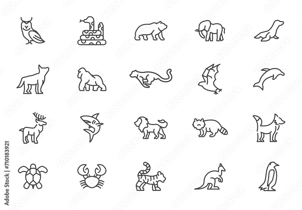 Wild animal line icons minimal style. Wildlife animals crocodile giraffe elephant gorilla raccoon vector line icon collection. Wild animal line icons minimal style. Wildlife animals crocodile giraffe elephant gorilla raccoon vector line icon collection.