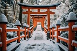 A scenic view of Fushimi Inari Taisha during the winter season. Generative AI