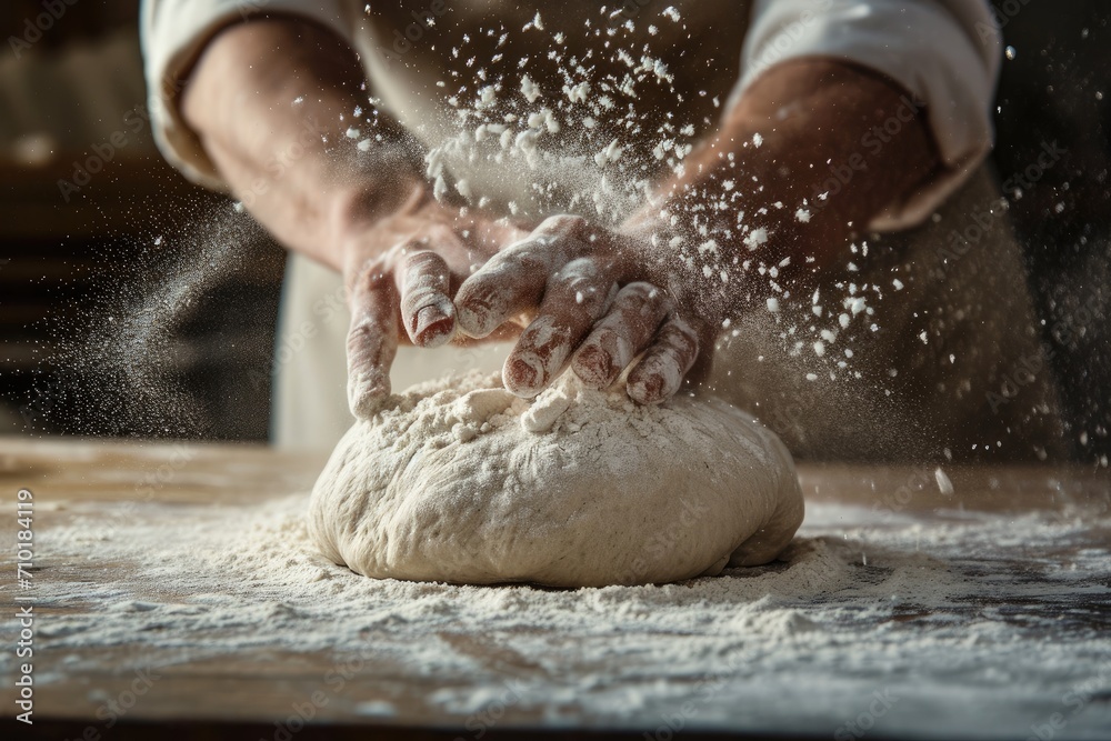 Hand kneading a dough on wooden table with flour Hand kneading a dough on wooden table with flour