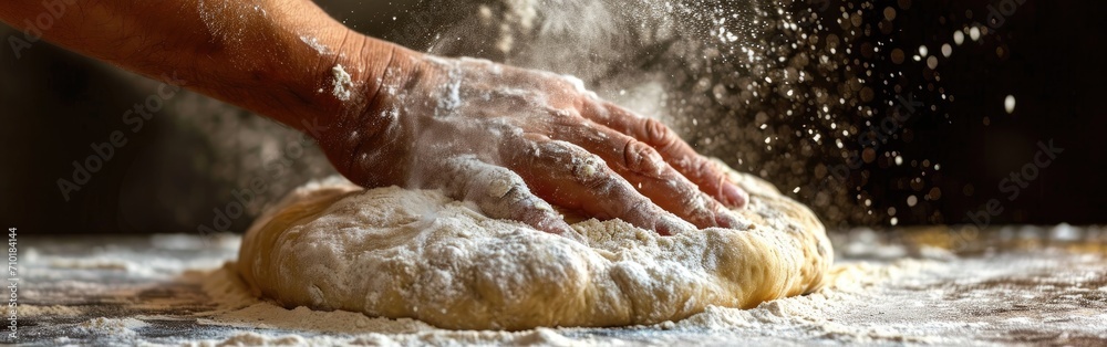 Hand kneading a dough on wooden table with flour Hand kneading a dough on wooden table with flour