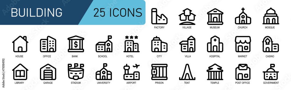 icon set building.thick outline style.contains villa,factory,museum,church,mosque,casino,shop,market,hospital,medic,office,village,city.vector illustration.good for application and website.