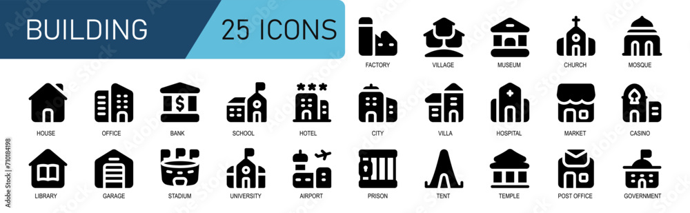 Fototapeta premium building icon set.black fill style.contains university,airport,prison,tent,temple,post office,government,stadium,church,mosque,casino,shop.vector illustration.suitable for website icon.