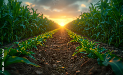 Warm sunrise illuminating a corn maze, agricultural growth, farm produce, serene, organic.