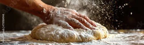 Hand kneading a dough on wooden table with flour