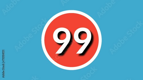 Number 99 sign symbol animation motion graphics in red white on blue  background, cartoon number video number for video elements