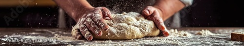 Hand kneading a dough on wooden table with flour photo