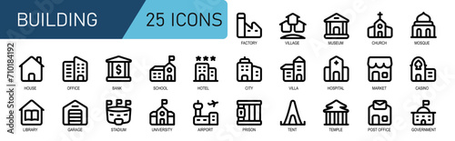 icon set building.thick outline style.contains villa,factory,museum,church,mosque,casino,shop,market,hospital,medic,office,village,city.vector illustration.good for application and website.