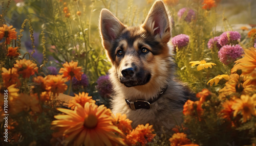 Cute puppy sitting in meadow, looking at camera generated by AI © Jeronimo Ramos