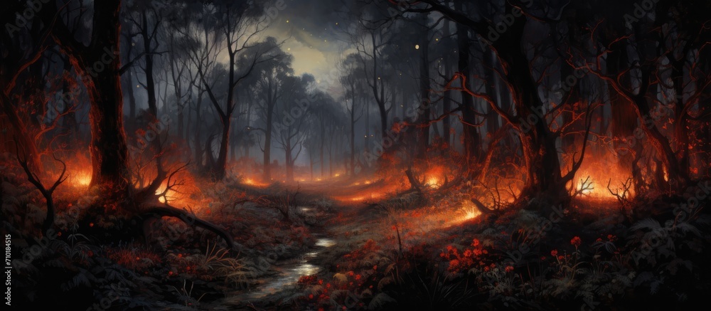 Nocturnal fire in woodland clearing.