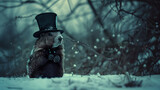 a ground hog in a top hat in winter time looking for his shadow on Ground Hog day