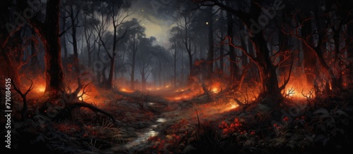 Nocturnal fire in woodland clearing.