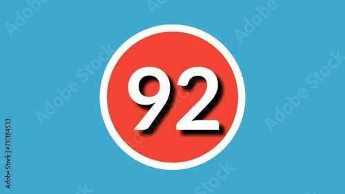 Number 92 sign symbol animation motion graphics in red white on blue  background, cartoon number video number for video elements