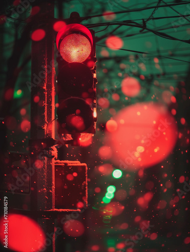 Urban Winter Wonderland with Snowflakes and Traffic Light  Perfect for Seasonal Advertisements and Social Media