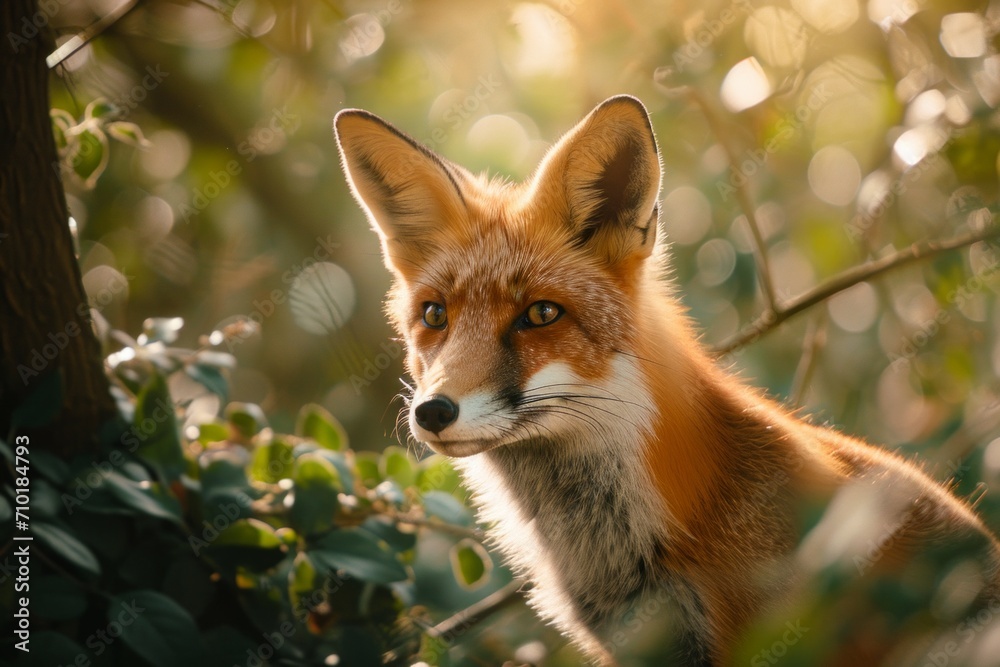 curious and furry red fox exploring a sunlit woodland, surrounded by dappled foliage curious and furry red fox exploring a sunlit woodland, surrounded by dappled foliage