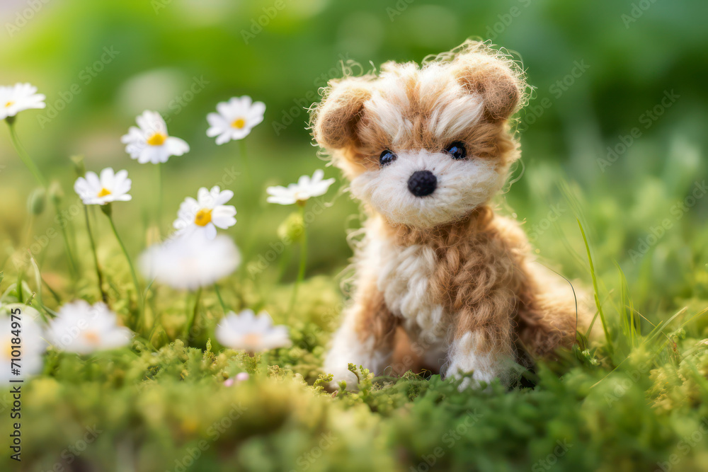 Cute plush dog on a meadow - obrazy, fototapety, plakaty 