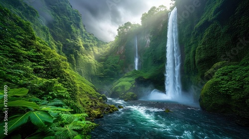  Nature scene  Majestic waterfall surrounded by lush greenery