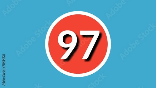 Number 97 sign symbol animation motion graphics in red white on blue  background, cartoon number video number for video elements