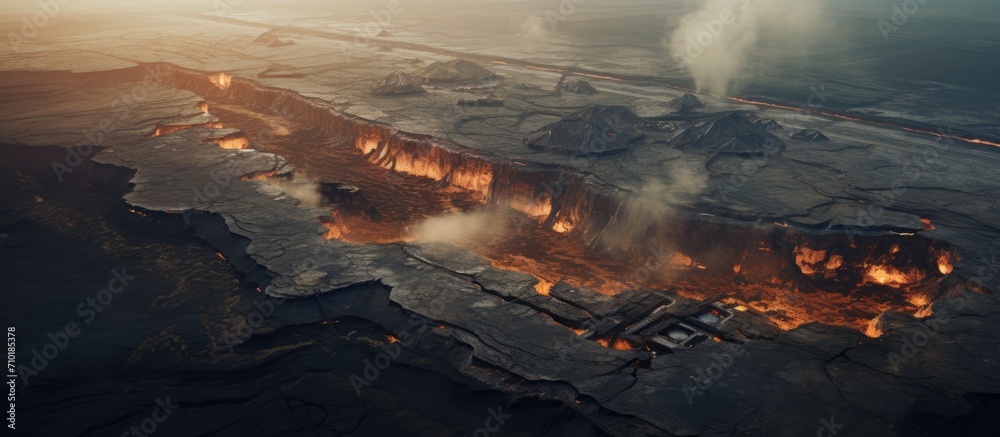 Aerial drone view of coal extraction at an open pit mine