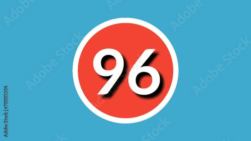 Number 96 sign symbol animation motion graphics in red white on blue  background, cartoon number video number for video elements