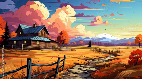 Idyllic Farmhouse in Autumn with Mountain Backdrop