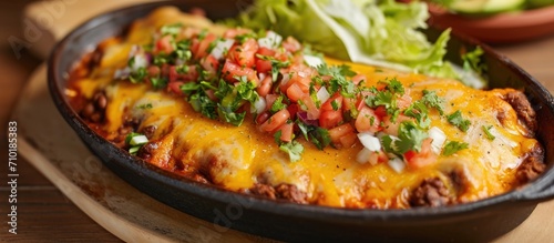 Mexican oval-shaped dish made with corn dough  beans  lettuce  cheese  sauce  and protein like steak  rib  or egg.