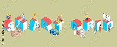 3D Isometric Flat Vector Illustration of Smart Grid  Sustainable System Control