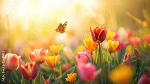 Wide field of tulpes and butterfly in summer sunset  panorama blur background. Autumn or summer tulpes background with butterflies. Shallow depth of field