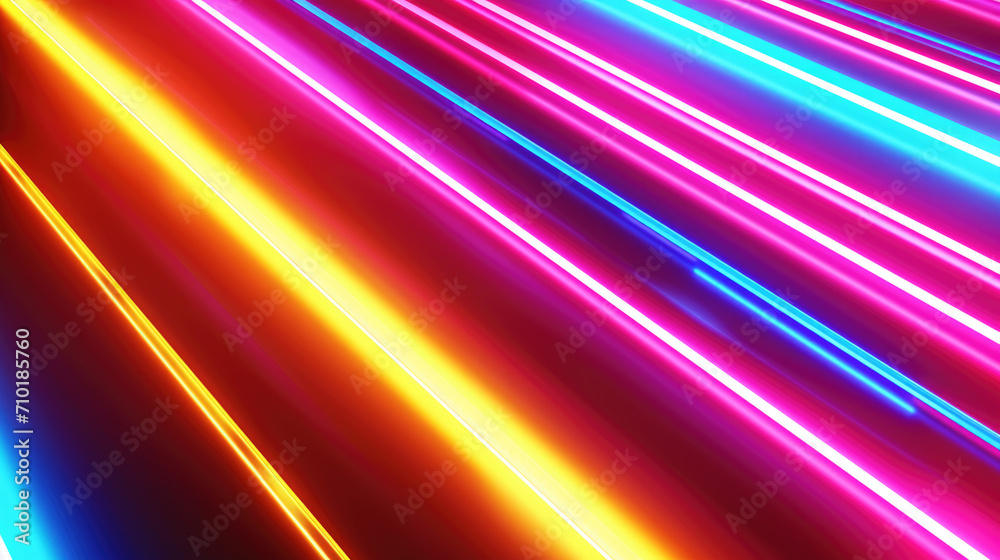 Horizontal neon stripes in vibrant colors, resembling fast-moving light tubes, create an energetic background with a sense of dynamic motion.