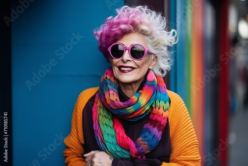Portrait of a smiling senior woman with colorful hair and sunglasses.