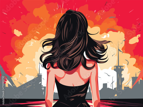 Woman watching disaster destruction city explosion. Heroine observes apocalypse cityscape ruins. Empowerment in crisis vector illustration.