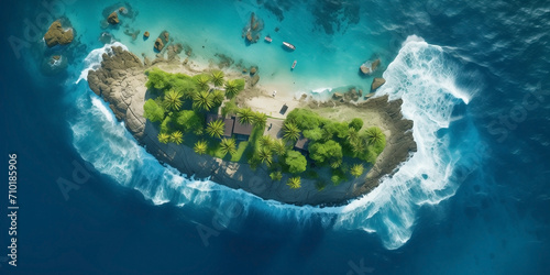 Small green island in the ocean, top view
