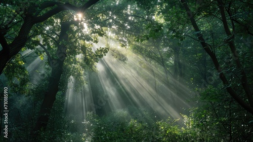 (Forest enchantment) Sunlight filtering through a dense forest canopy