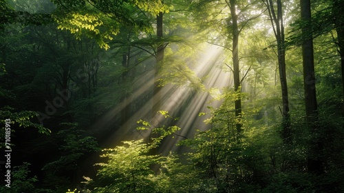 (Forest enchantment) Sunlight filtering through a dense forest canopy