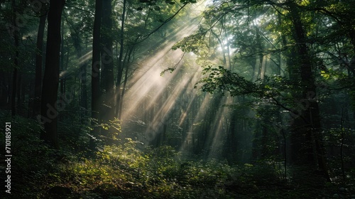 (Forest enchantment) Sunlight filtering through a dense forest canopy