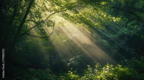 (Forest enchantment) Sunlight filtering through a dense forest canopy