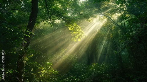 (Forest enchantment) Sunlight filtering through a dense forest canopy