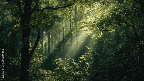 (Forest enchantment) Sunlight filtering through a dense forest canopy